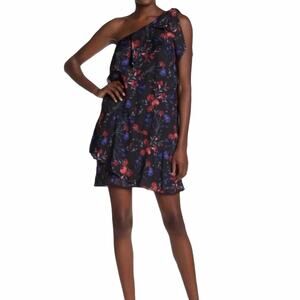 Parker One Shoulder Ruffled Floral Dress Black M